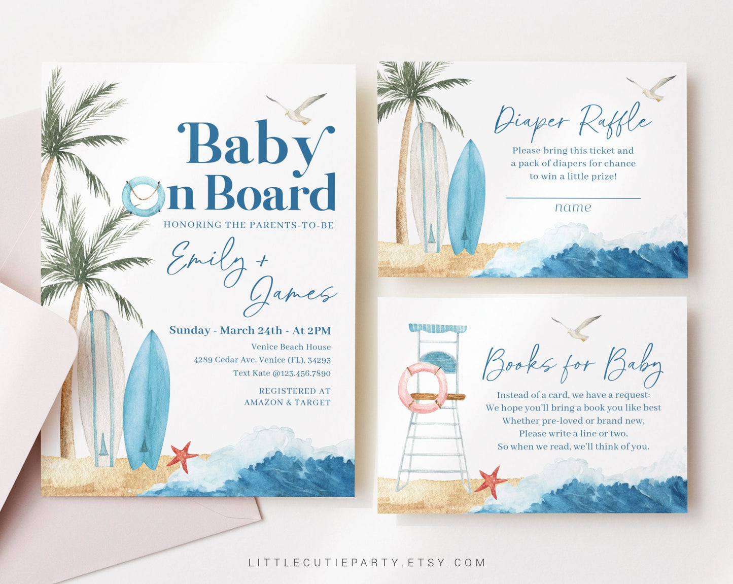 Editable Baby on Board Invitation, Surfer Baby Shower Invite, Baby on Board Invite with Diaper Raffle, Books for Baby and Tag BBBBS001