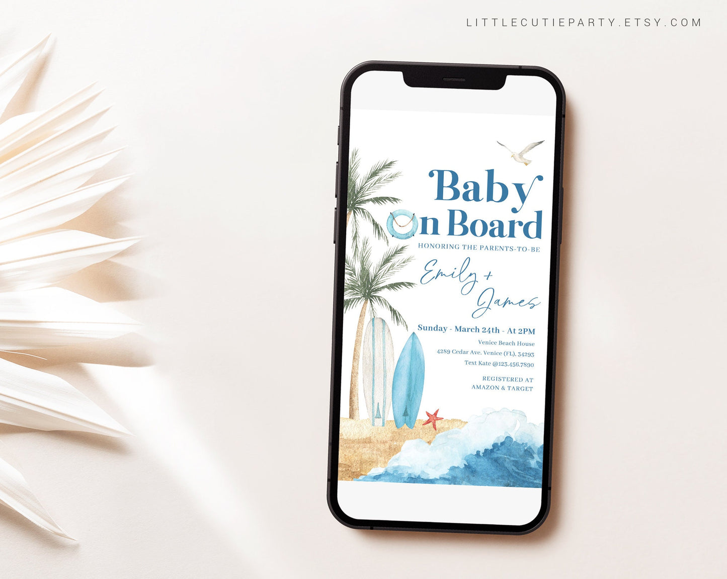 Editable Baby on Board Invite, Little Surfer Baby Shower Evite, Baby on Board Digital Invite for Beach Baby Shower Party BBBBS001