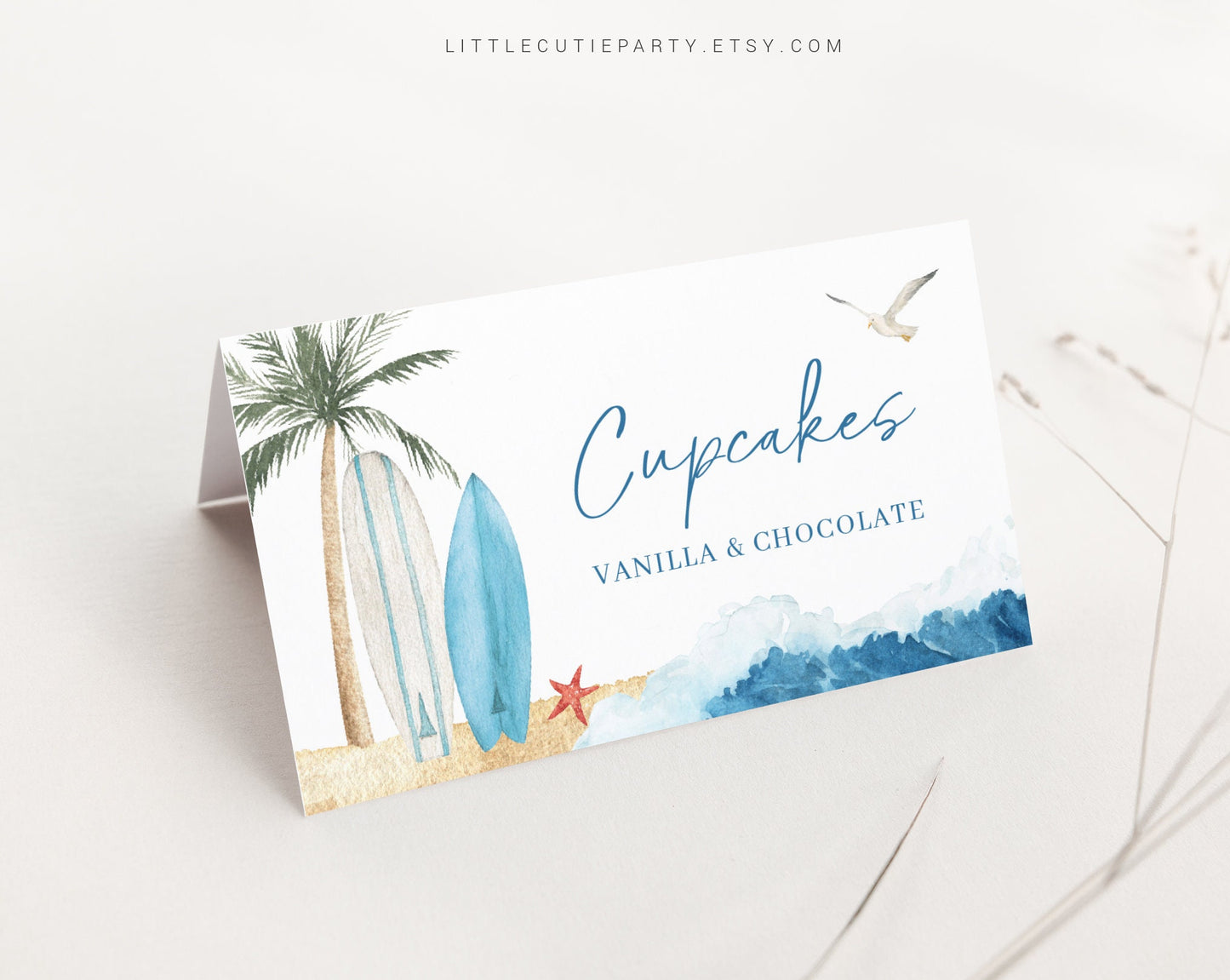 Editable Little Surfer Food Labels, Food Tent cards, Folded Food Cards for Beach Baby Shower Party Decorations Theme BBBBS001