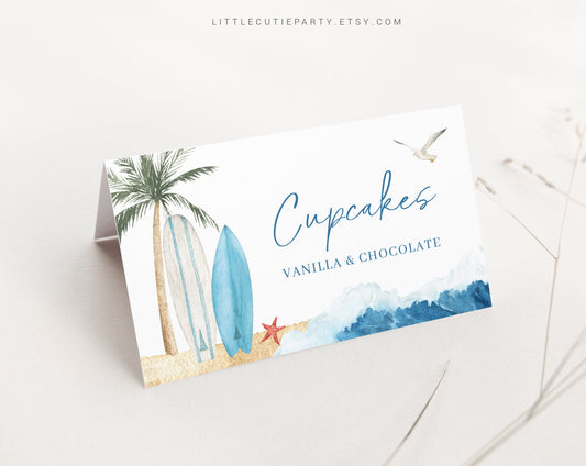 Editable Little Surfer Food Labels, Food Tent cards, Folded Food Cards for Beach Baby Shower Party Decorations Theme BBBBS001