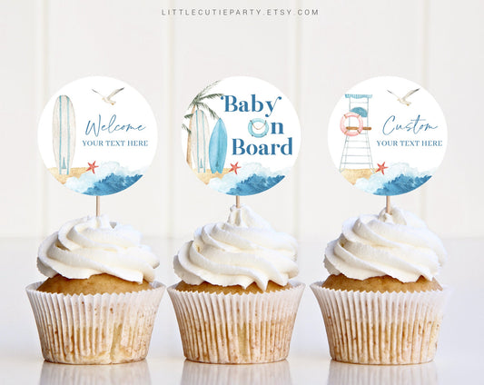 Editable Baby on Board Cake Toppers, Beach Baby Shower Cupcake Toppers, Cake Topper Template, Cake Topper Decorations BBBBS001
