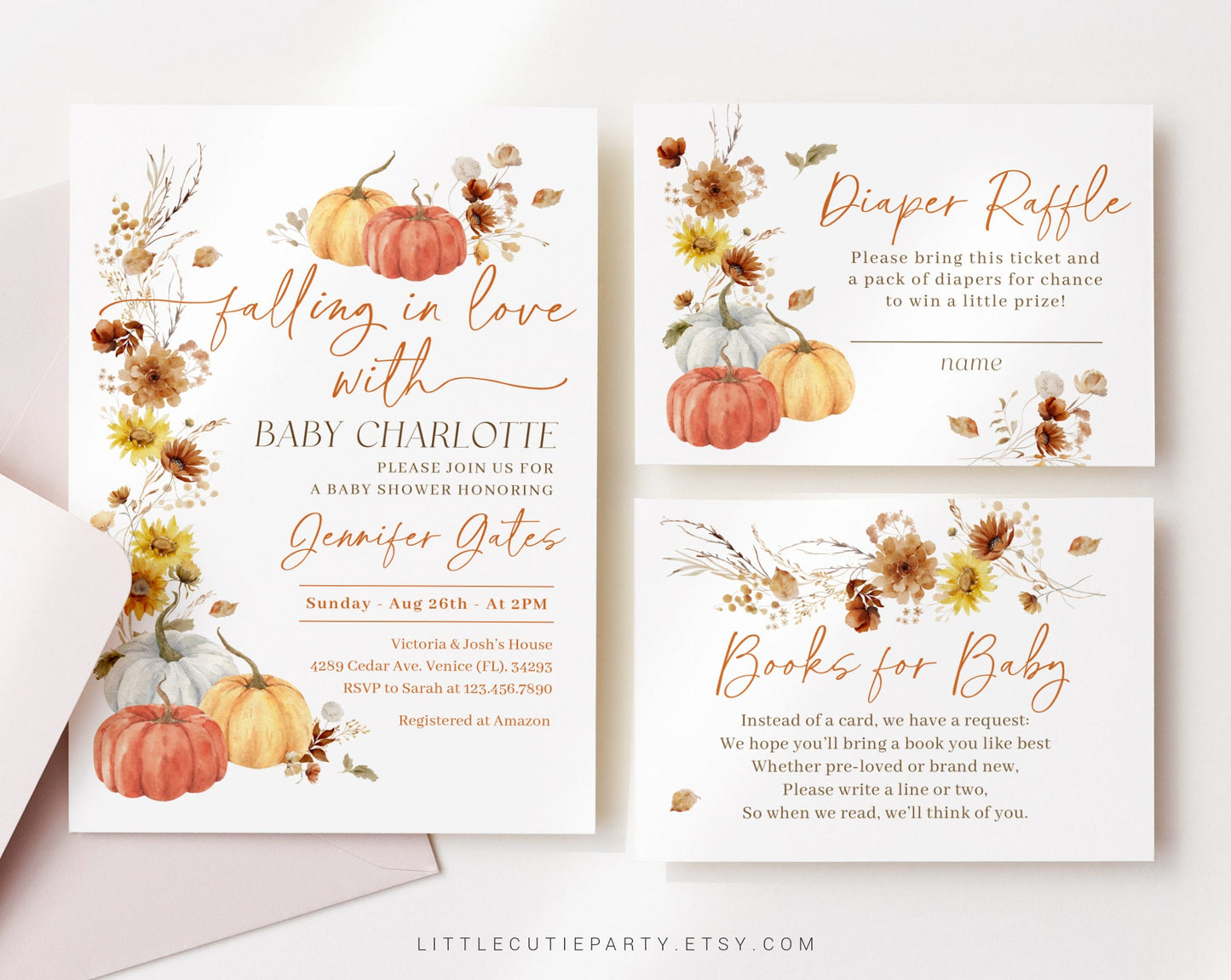 Editable Falling In Love Baby Shower Invitation, Fall Baby Shower Invite, Little Pumpkin with Diaper Raffle, Books for Baby and Tag FLLBS001
