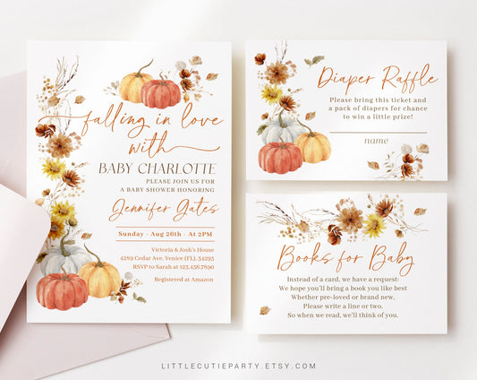 Editable Falling In Love Baby Shower Invitation, Fall Baby Shower Invite, Little Pumpkin with Diaper Raffle, Books for Baby and Tag FLLBS001