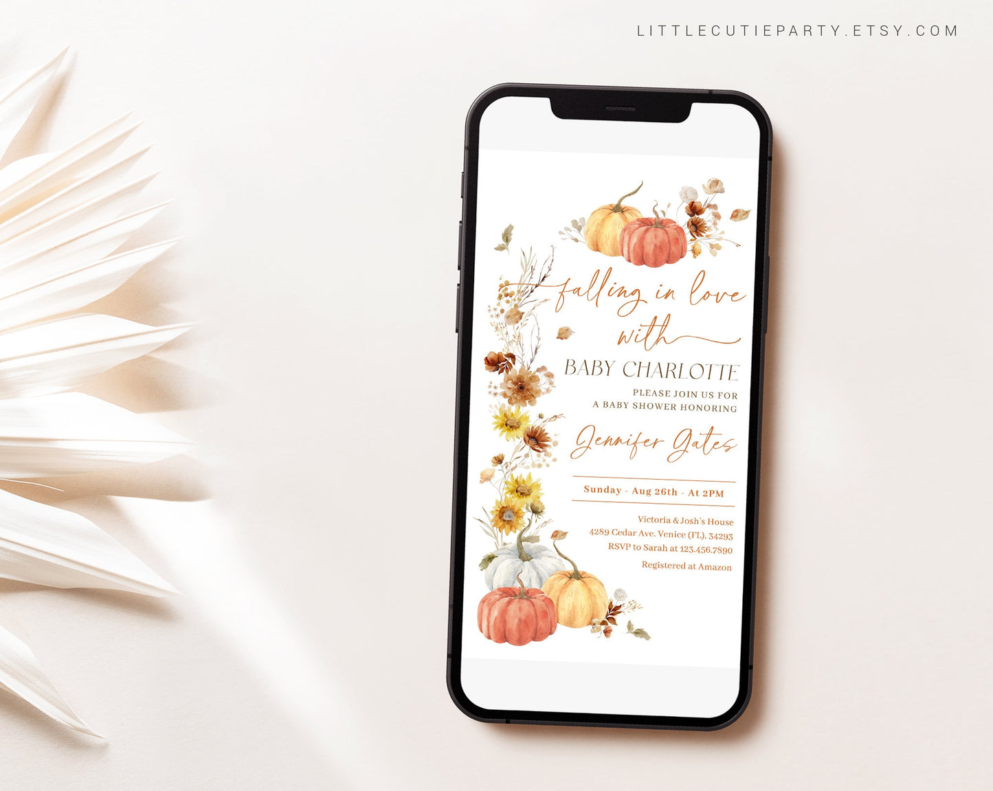 Editable Falling in Love Baby Shower Invites, Pumpkin Baby Shower Invite, Digital Invite for Fall in Love Baby Shower Party FLLBS001