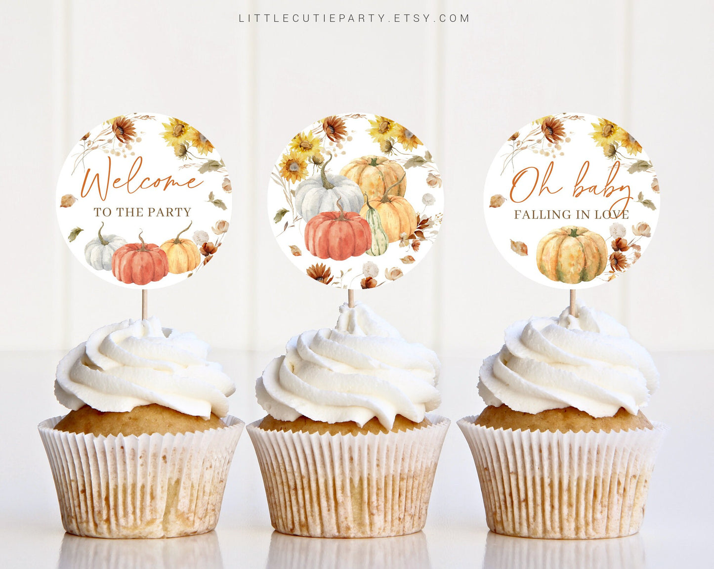 Editable Falling In Love Cake Topper, Cupcake Toppers, Cake Topper Template, Autumn Pumpkin Baby Shower Decorations FLLBS001