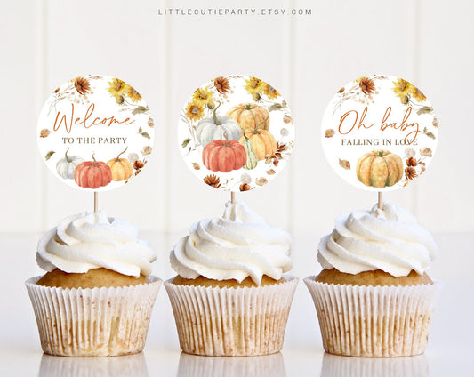 Editable Falling In Love Cake Topper, Cupcake Toppers, Cake Topper Template, Autumn Pumpkin Baby Shower Decorations FLLBS001