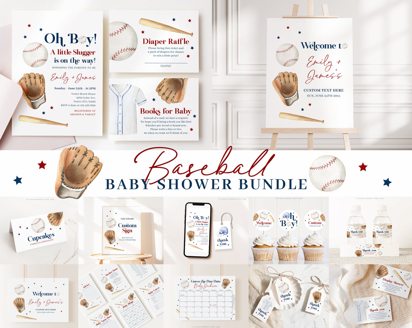 Editable Baseball Baby Shower Invitation Bundle, A Little Slugger Is On The Way with Games Bundle and Baseball Baby Shower Decor BSBBS001