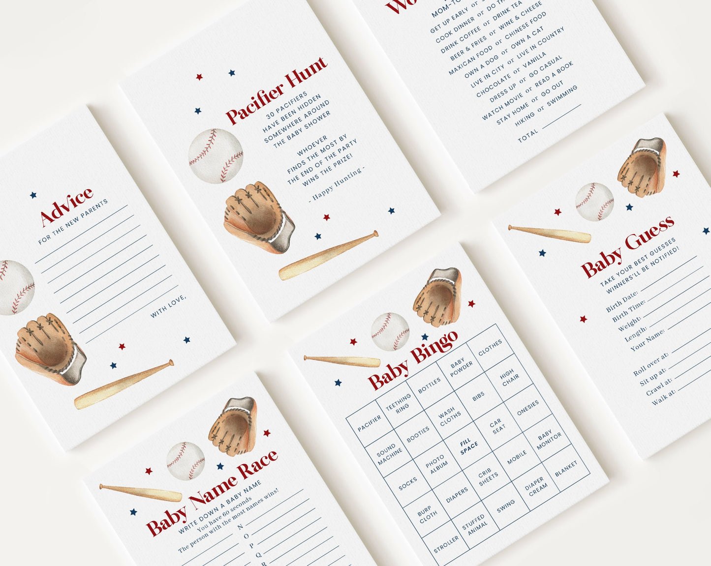 10 Editable Baseball Baby Shower Games, Shower Games Bundle, Baseball Babyshower Game Set for Baby Shower Activities BSBBS001