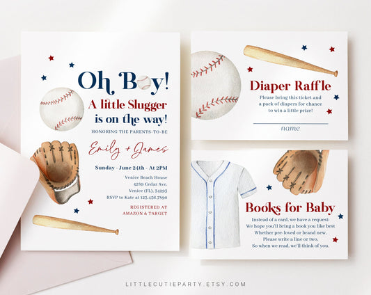 Editable Baseball Baby Shower Invitation, A Little Slugger On The Way, Baseball Invite with Diaper Raffle, Books for Baby and Tag BSBBS001