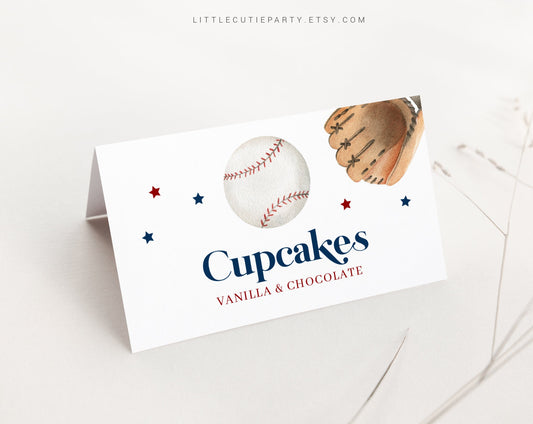 Editable Baseball Food Labels, Food Tent cards, Folded Food Cards for Little Slugger Baby Shower Party Decorations Theme BSBBS001