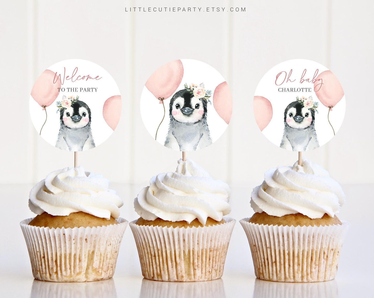 Editable Pink Penguin Cake Toppers, Penguin Baby Shower Cupcake Toppers, Baby Shower Cake Topper, Cake Topper Decorations PENGBS003