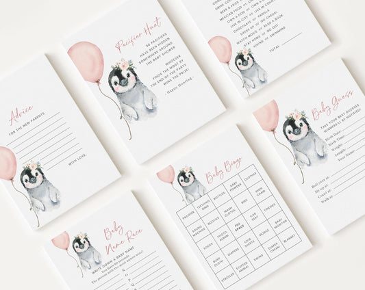 10 Editable Pink Penguin Baby Shower Games, Baby Girl Shower Games Bundle, Penguin Girl Set Neutral Baby Shower Party Games PENGBS003