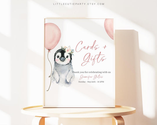 Editable Pink Penguin Baby Shower Sign, Custom Sign Template for Baby Shower Party with Penguin Baby Shower Theme PENGBS003