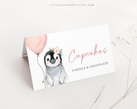 Editable Pink Penguin Baby Shower Food Labels, Food Tent cards, Folded Food Cards for Penguin Baby Shower Decorations Theme PENGBS003