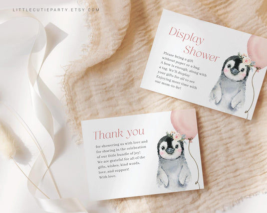 Editable Pink Penguin Baby Shower Thank you Card, Baby Shower Display Card for Penguin Baby Shower Decor PENGBS003