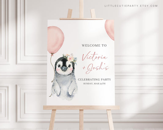 Editable Pink Penguin Baby Shower Welcome Sign, Penguin Baby Shower Sign, Welcome Board, Welcome Template Shower Decoration PENGBS003