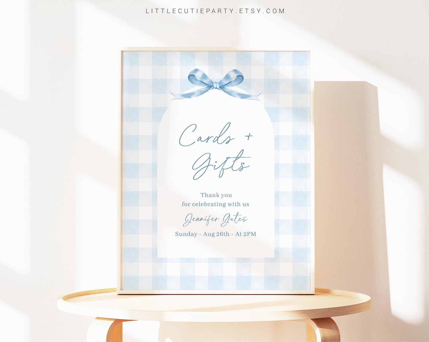 Editable Blue Gingham Baby Shower Sign, Custom Sign Template for Baby Shower Party with Blue Bow Gingham Baby Shower Theme BGHBS001