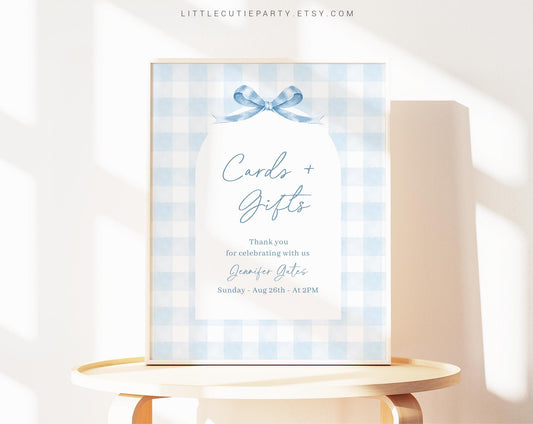 Editable Blue Gingham Baby Shower Sign, Custom Sign Template for Baby Shower Party with Blue Bow Gingham Baby Shower Theme BGHBS001
