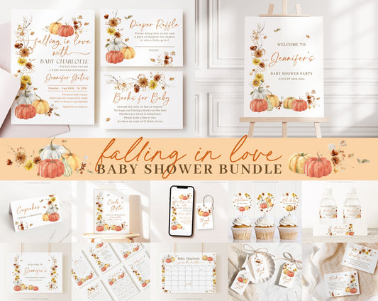 Editable Falling In Love Baby Shower Invitation Bundle, Fall Baby Shower Invitation with Games Bundle and Little Pumpkin Decoration FLLBS001
