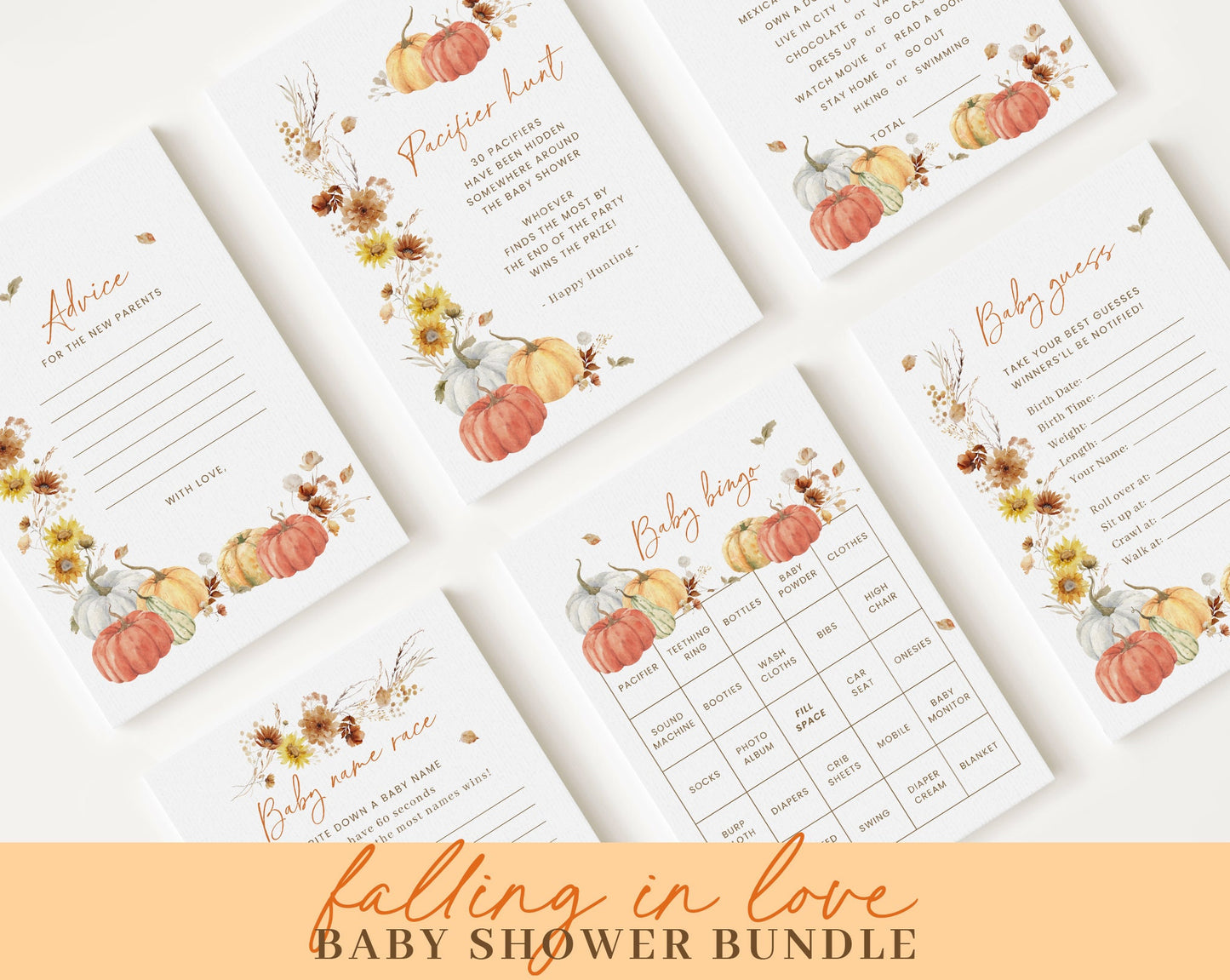 Editable Falling In Love Baby Shower Invitation Bundle, Fall Baby Shower Invitation with Games Bundle and Little Pumpkin Decoration FLLBS001