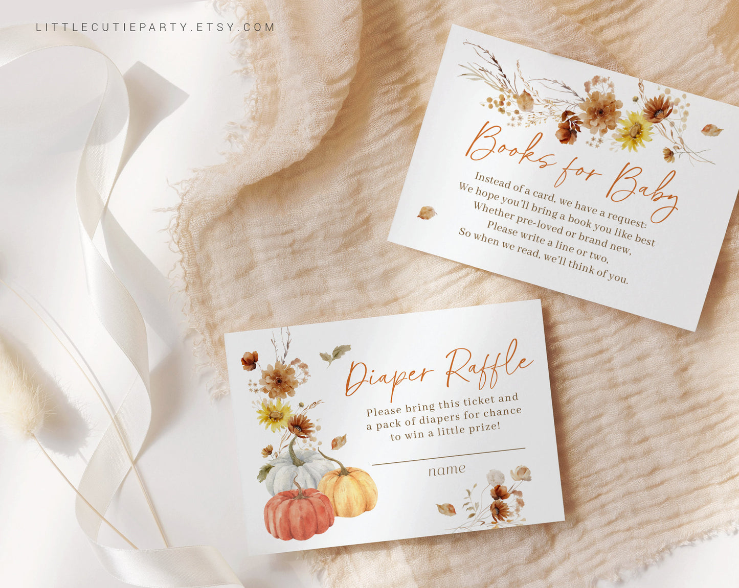 Editable Falling In Love Baby Shower Invitation, Fall Baby Shower Invite, Little Pumpkin with Diaper Raffle, Books for Baby and Tag FLLBS001