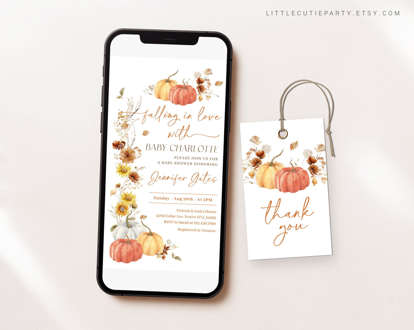 Editable Falling in Love Baby Shower Invites, Pumpkin Baby Shower Invite, Digital Invite for Fall in Love Baby Shower Party FLLBS001