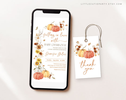 Editable Falling in Love Baby Shower Invites, Pumpkin Baby Shower Invite, Digital Invite for Fall in Love Baby Shower Party FLLBS001