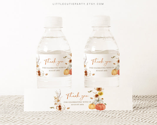Editable Falling In Love Water Bottle Labels, Bottle Label for Autumn Pumpkin Baby Shower Decorations Theme FLLBS001