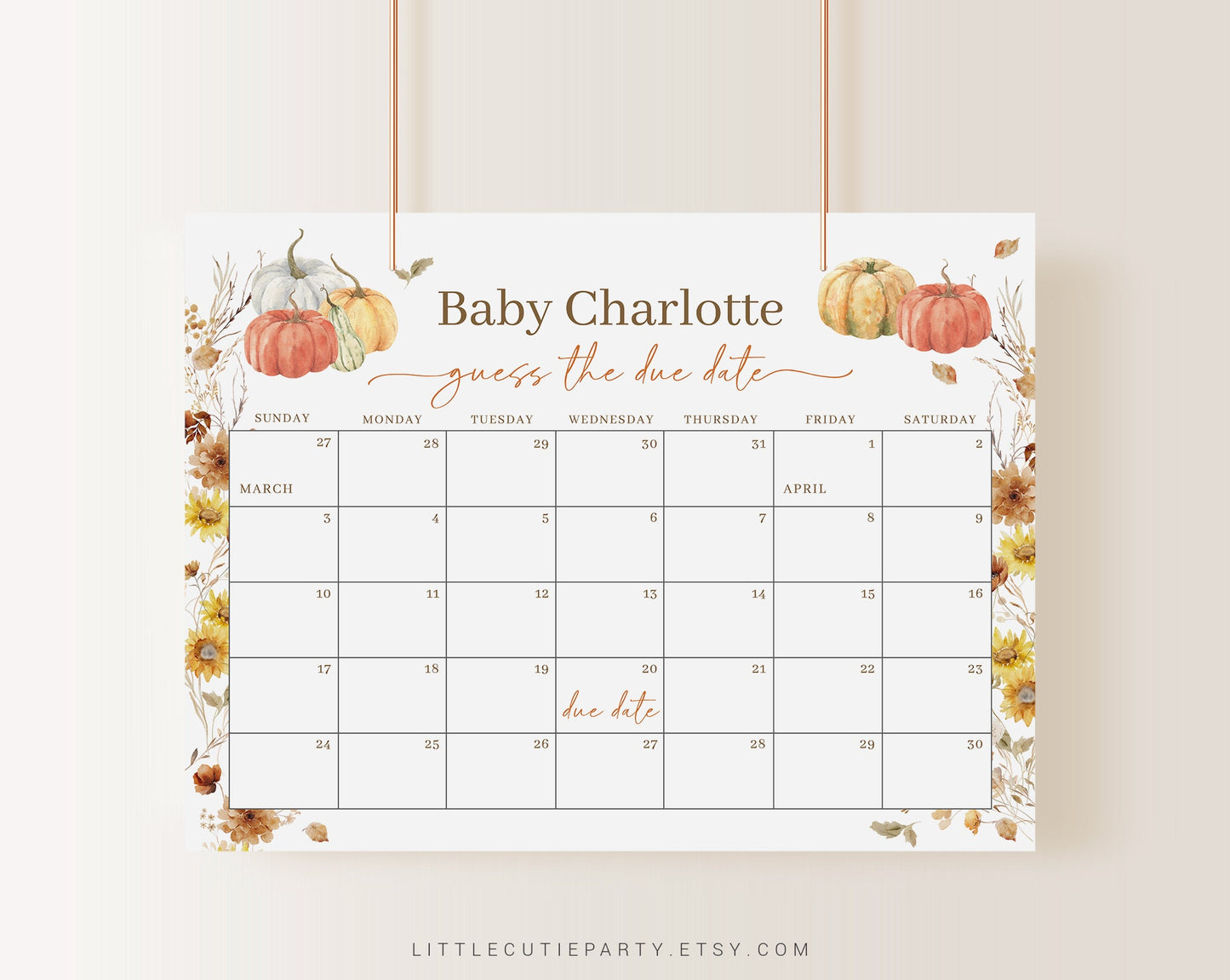 Editable Falling In Love Baby Shower Calendar, Little Pumpkin Baby Shower Due Date Calendar, Fall in Love Due Date Calendar Games FLLBS001