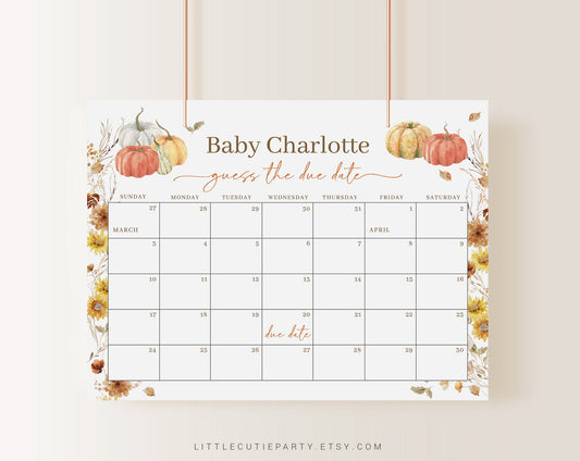 Editable Falling In Love Baby Shower Calendar, Little Pumpkin Baby Shower Due Date Calendar, Fall in Love Due Date Calendar Games FLLBS001