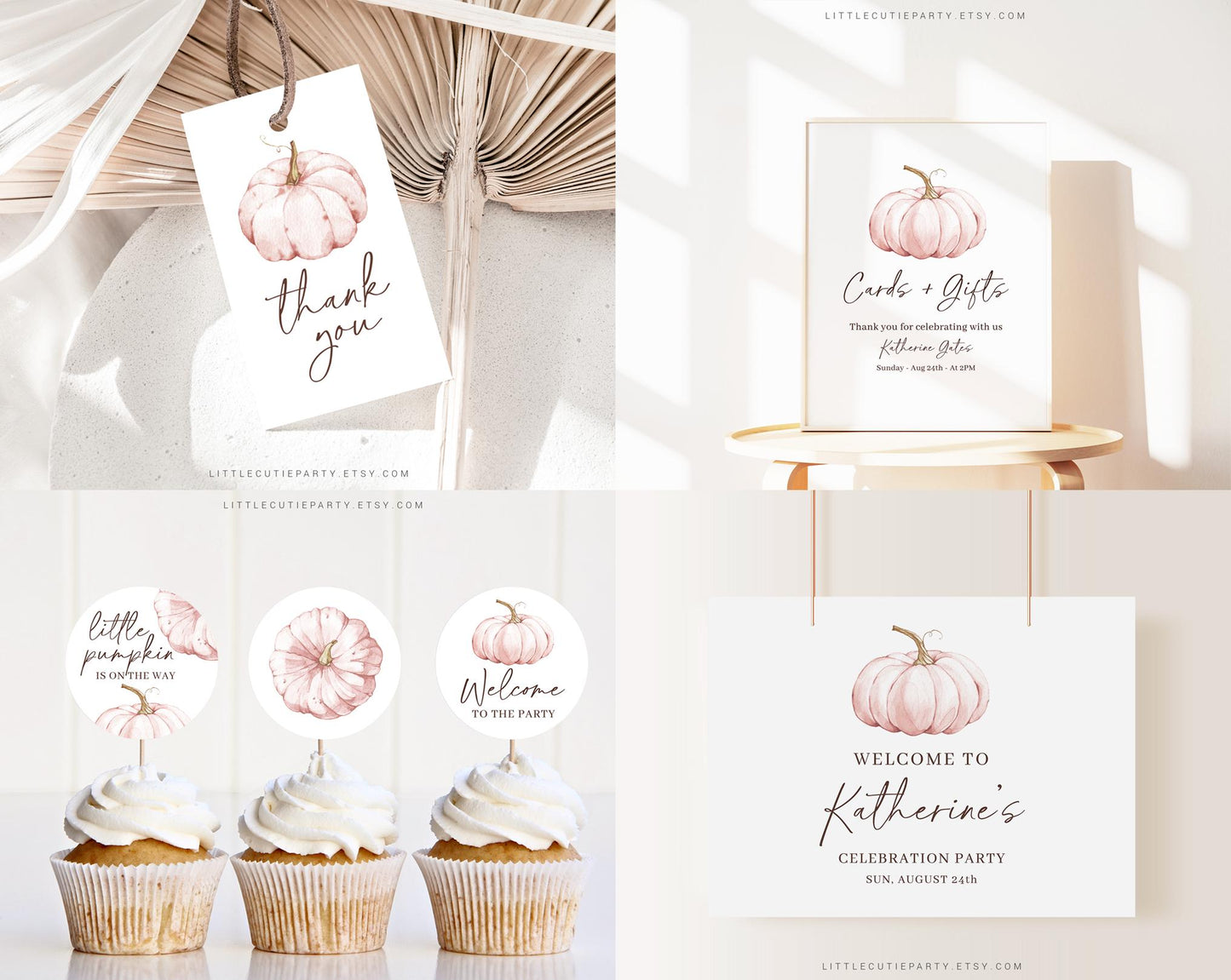 Editable Pink Pumpkin Baby Shower Invitation Bundle, Little Pumpkin is On The Way with Games Bundle and Pink Fall Shower Decoration PPKBS002