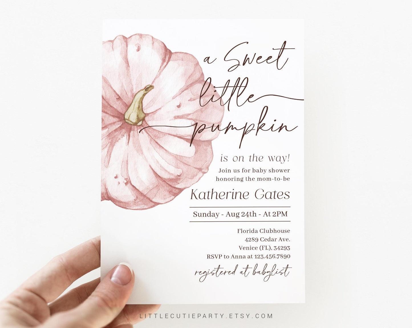 Editable Pink Pumpkin Baby Shower Invitation, Pink Little Pumpkin is On The Way with Diaper Raffle, Books for Baby and Tag PPKBS002