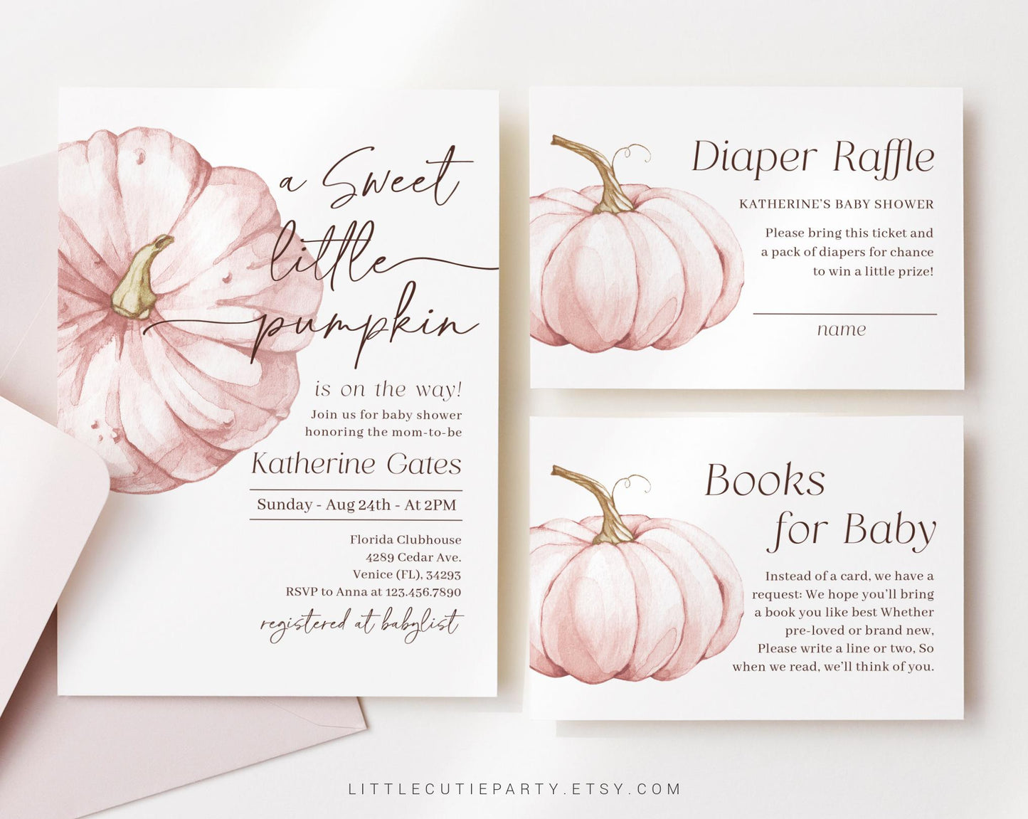 Editable Pink Pumpkin Baby Shower Invitation, Pink Little Pumpkin is On The Way with Diaper Raffle, Books for Baby and Tag PPKBS002