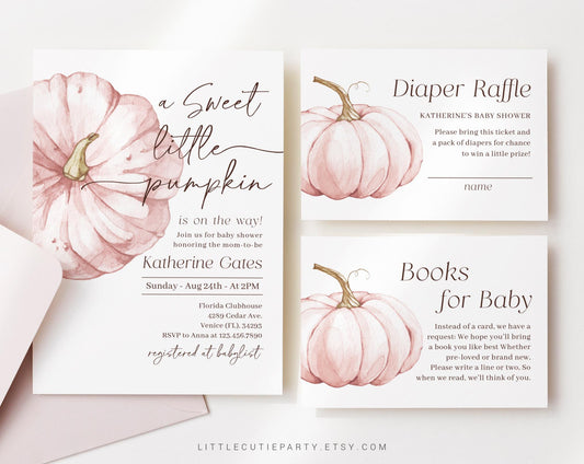 Editable Pink Pumpkin Baby Shower Invitation, Pink Little Pumpkin is On The Way with Diaper Raffle, Books for Baby and Tag PPKBS002
