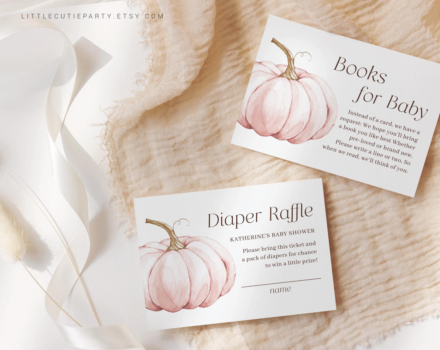 Editable Pink Pumpkin Baby Shower Invitation, Pink Little Pumpkin is On The Way with Diaper Raffle, Books for Baby and Tag PPKBS002