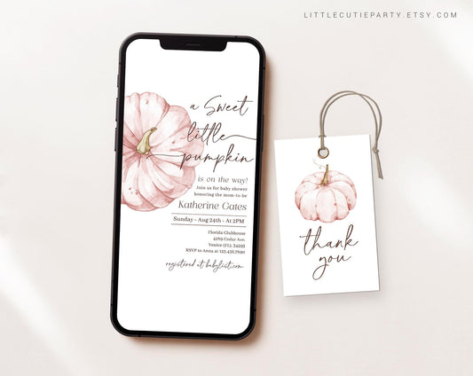 Editable Pink Pumpkin Baby Shower Invites, Sweet Little Pumpkin Baby Shower Invite, Digital Invite for Girl Pumpkin Baby Shower PPKBS002