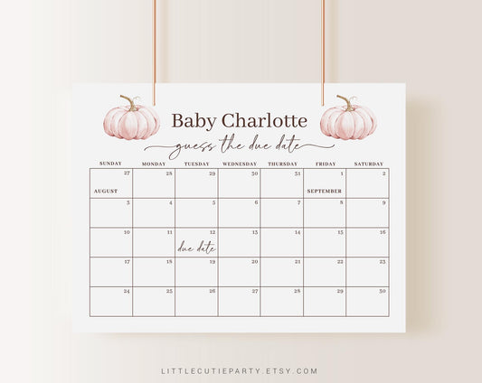 Editable Pink Pumpkin Baby Shower Calendar, Little Pumpkin is on the way Due Date Calendar, Fall Girl Due Date Calendar Games PPKBS002