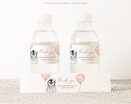 Editable Pink Penguin Baby Shower Water Bottle Labels, Bottle Label for Penguin Baby Shower Theme Decorations PENGBS003