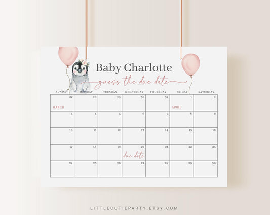Editable Pink Penguin Baby Shower Calendar, Penguin Due Date Calendar, Baby Shower Due Date Calendar Games for Baby Shower PENGBS003
