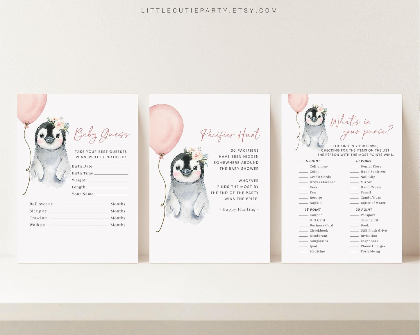 10 Editable Pink Penguin Baby Shower Games, Baby Girl Shower Games Bundle, Penguin Girl Set Neutral Baby Shower Party Games PENGBS003