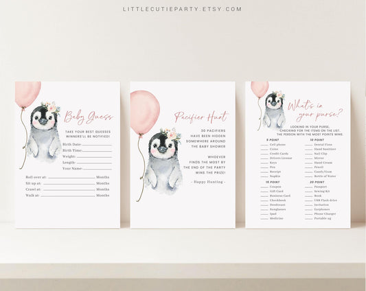 10 Editable Pink Penguin Baby Shower Games, Baby Girl Shower Games Bundle, Penguin Girl Set Neutral Baby Shower Party Games PENGBS003