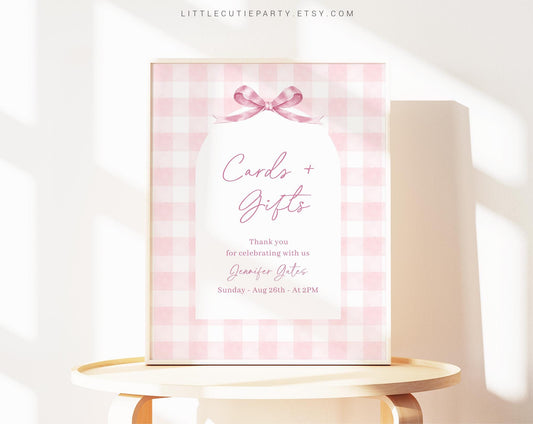 Editable Pink Gingham Baby Shower Sign, Custom Sign Template for Baby Shower Party with Pink Bow Gingham Baby Shower Theme PGHBS001