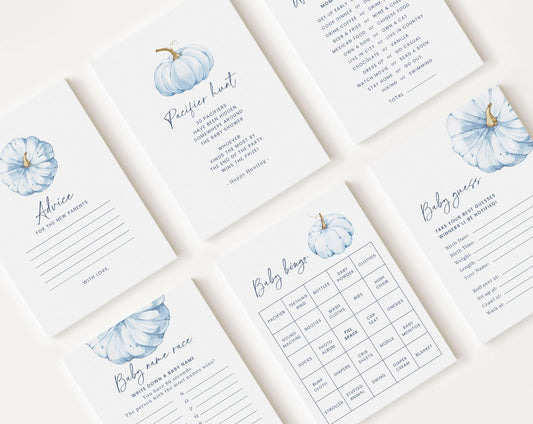 10 Editable Blue Pumpkin Baby Shower Games, Blue Little Pumpkin is on the way Games, Pumpkin Game Set for Baby Shower Activities BPKBS001
