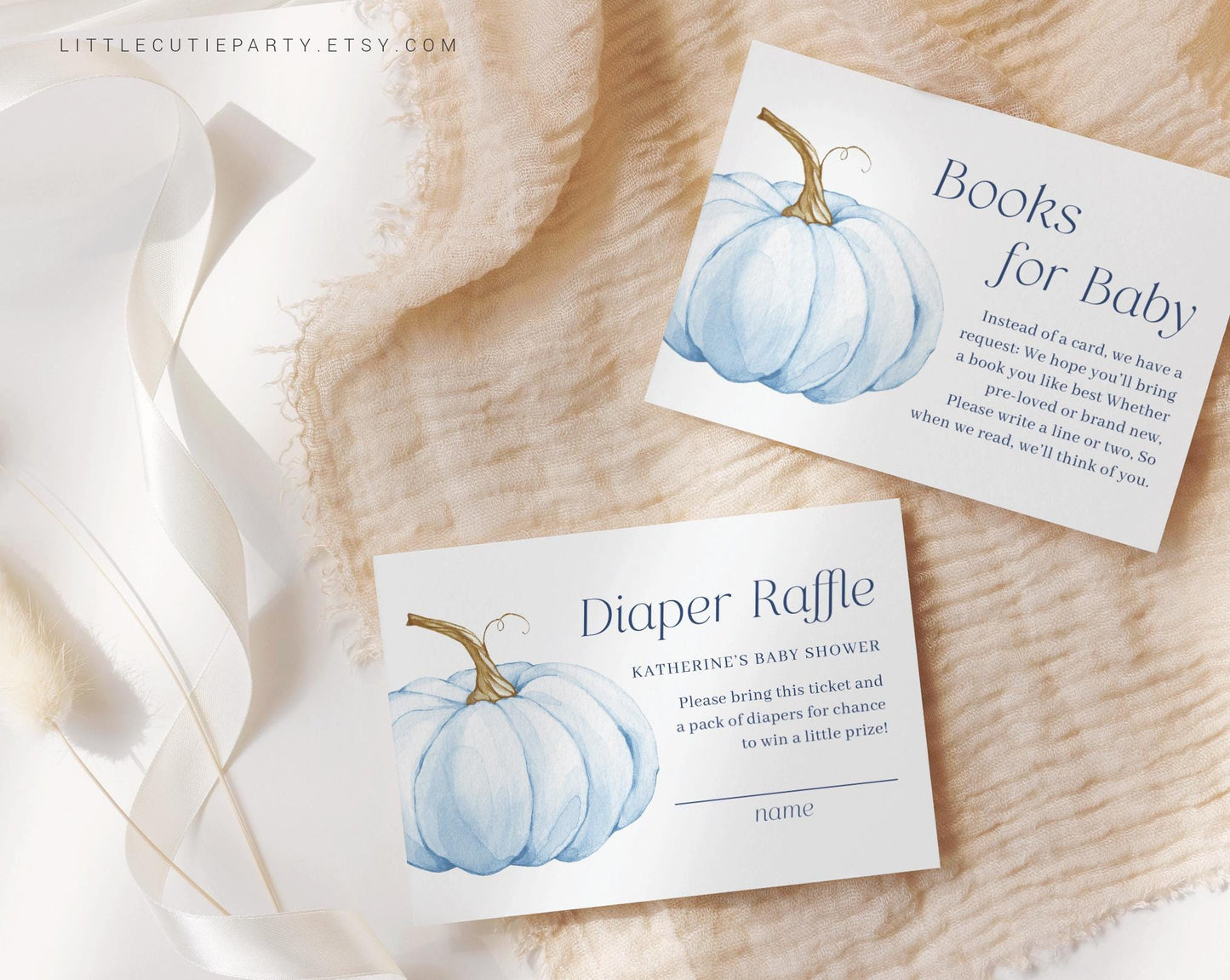 Editable Blue Pumpkin Baby Shower Invitation, Blue Little Pumpkin is On The Way with Diaper Raffle, Books for Baby and Tag BPKBS001