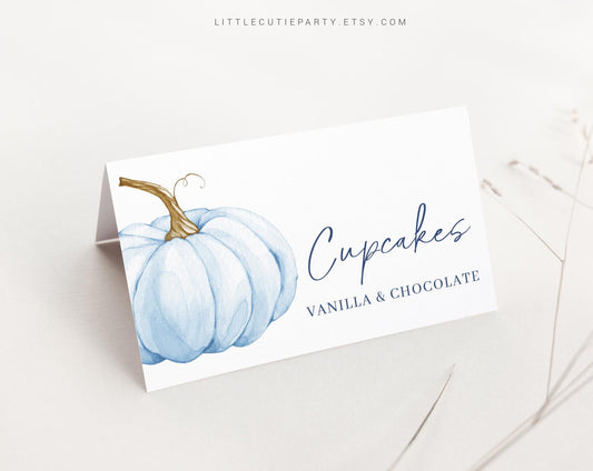 Editable Blue Pumpkin Food Labels, Food Tent cards, Folded Food Cards for Blue Little Pumpkin Boy Party Decorations Theme BPKBS001