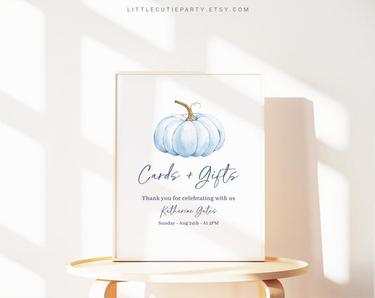 Editable Blue Pumpkin Baby Shower Sign, Custom Sign Template for Sweet Blue Little Pumpkin is on the way Baby Shower Party Theme BPKBS001