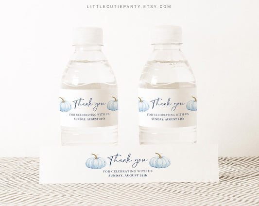 Editable Blue Pumpkin Water Bottle Labels, Bottle Label for Blue Little Pumpkin Baby Shower Decorations Theme BPKBS001
