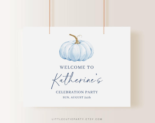 Editable Blue Pumpkin Backdrop, A Sweet Blue Little Pumpkin Baby Shower Banner, Shower Sign for Fall Banner Welcome Sign BPKBS001