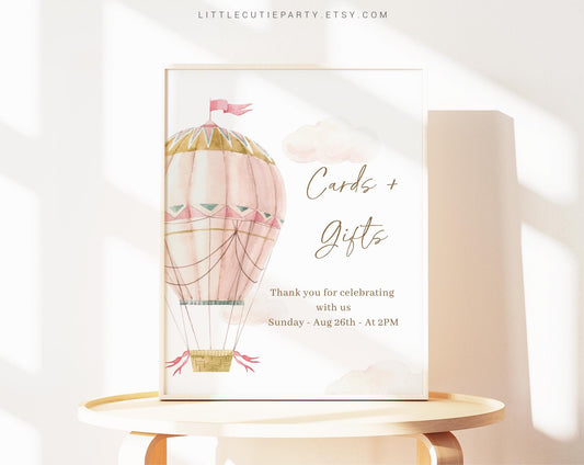 Editable Pink Hot Air Balloon Custom Sign Template for Baby Shower Party with Baby Girl Baby Shower Decorations PHBBS001