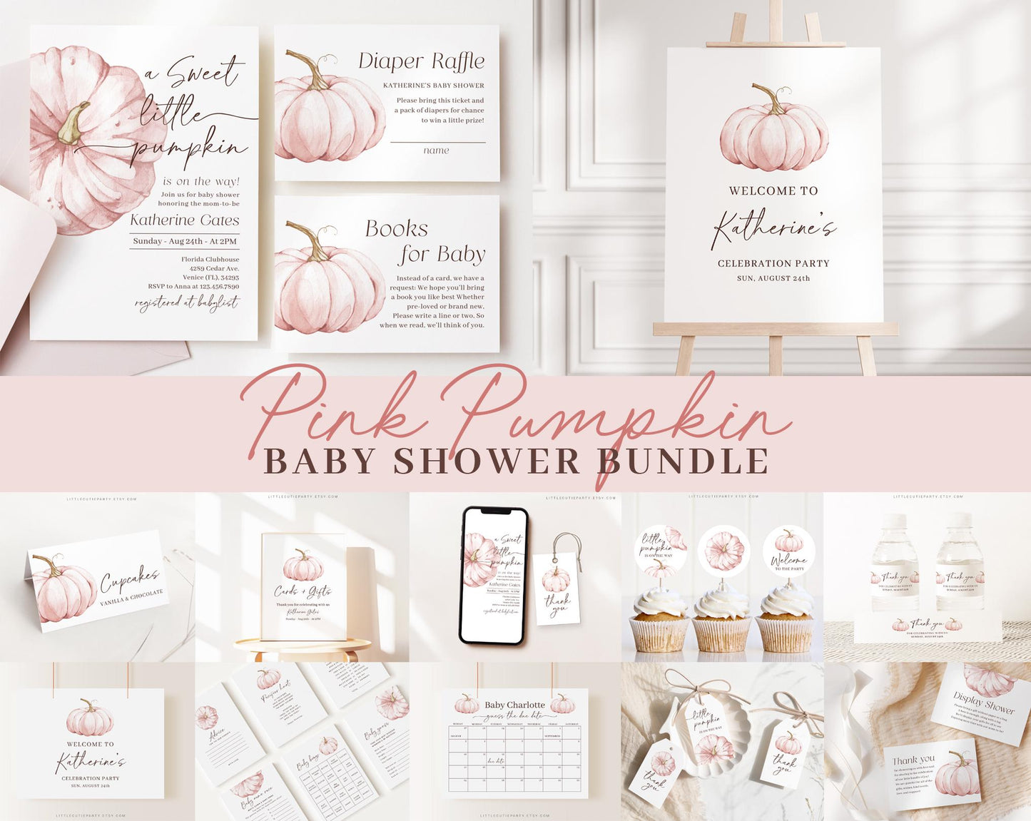 Editable Pink Pumpkin Baby Shower Invitation Bundle, Little Pumpkin is On The Way with Games Bundle and Pink Fall Shower Decoration PPKBS002